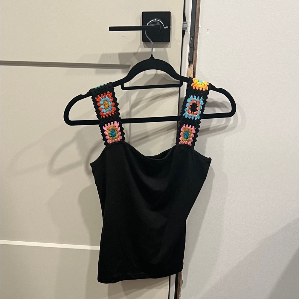 SHEIN Black Top with Multicolor Crochet Straps